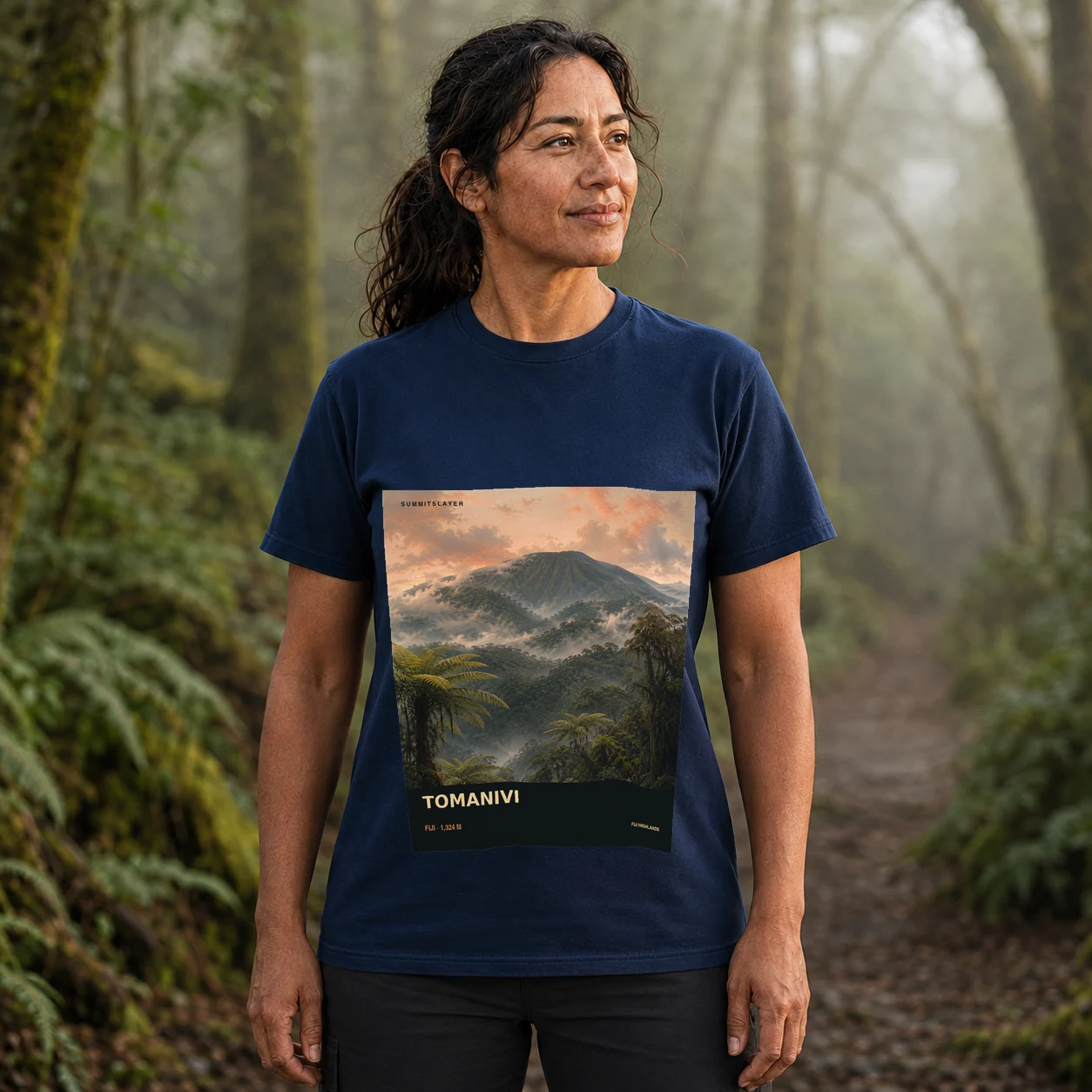 Navy Tomanivi T-shirt front with mountain artwork