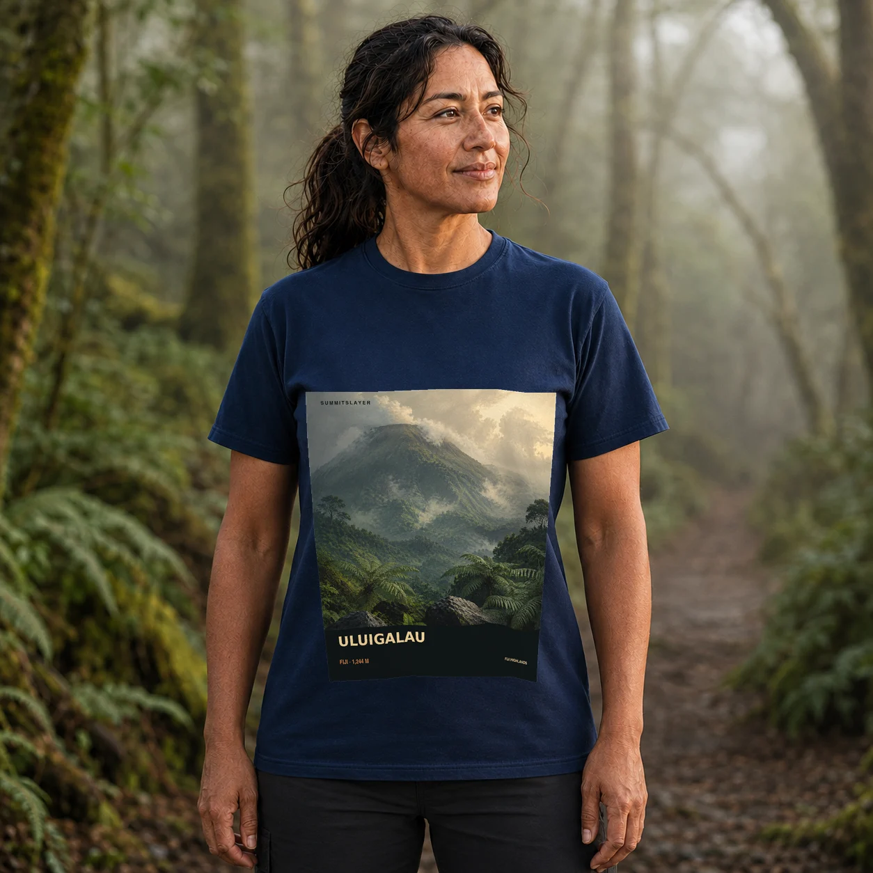 Navy ULUIGALAU T-shirt front with mountain artwork