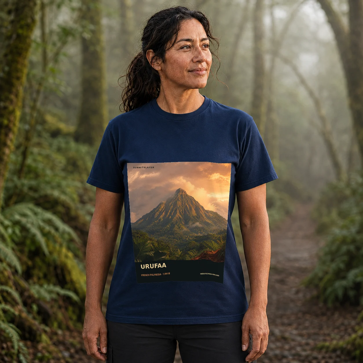 Navy URUFAA T-shirt front with mountain artwork