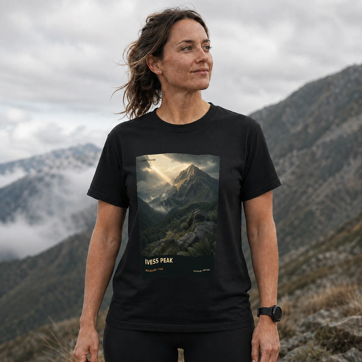 Black IVESS PEAK T-shirt front with mountain artwork