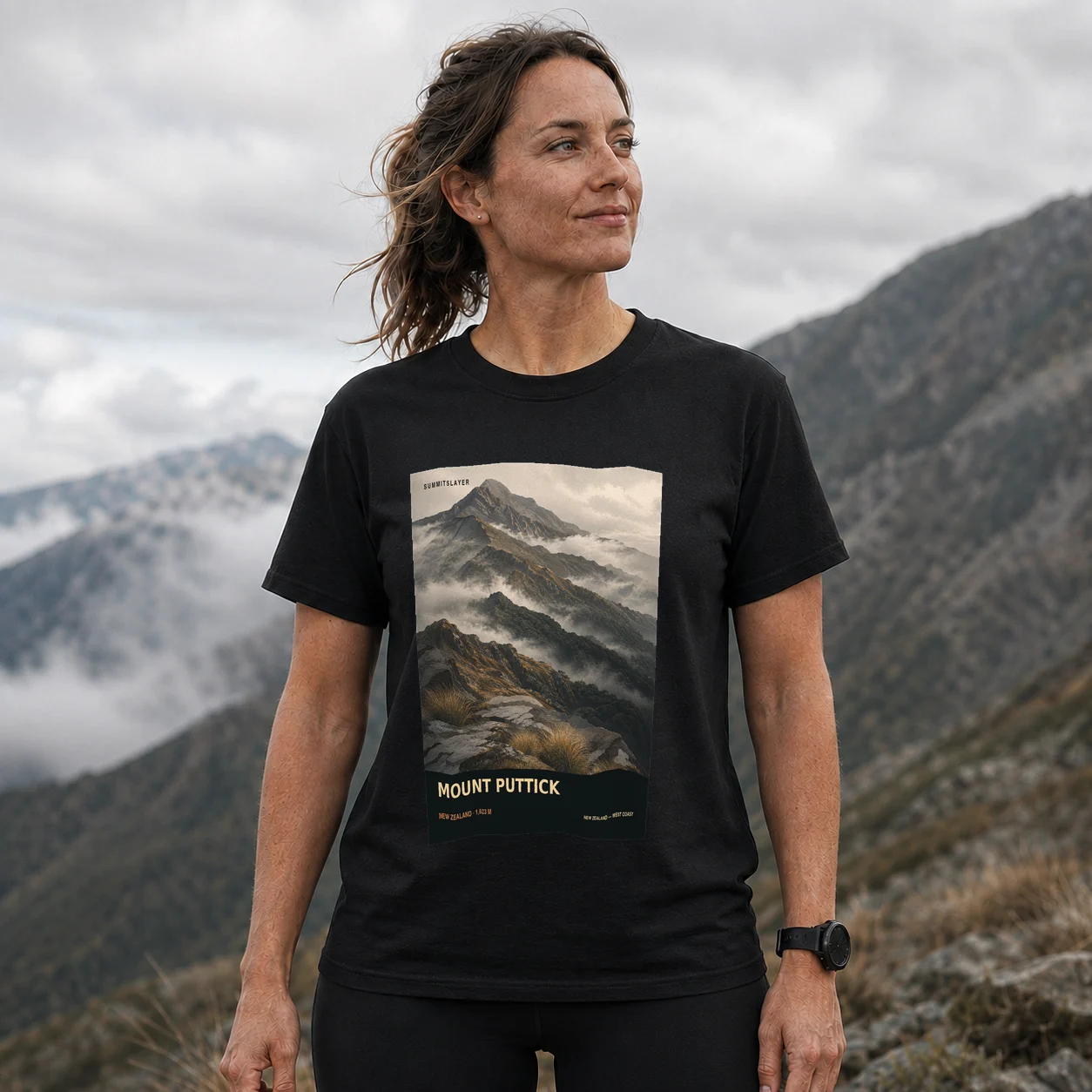 Black MOUNT PUTTICK T-shirt front with mountain artwork