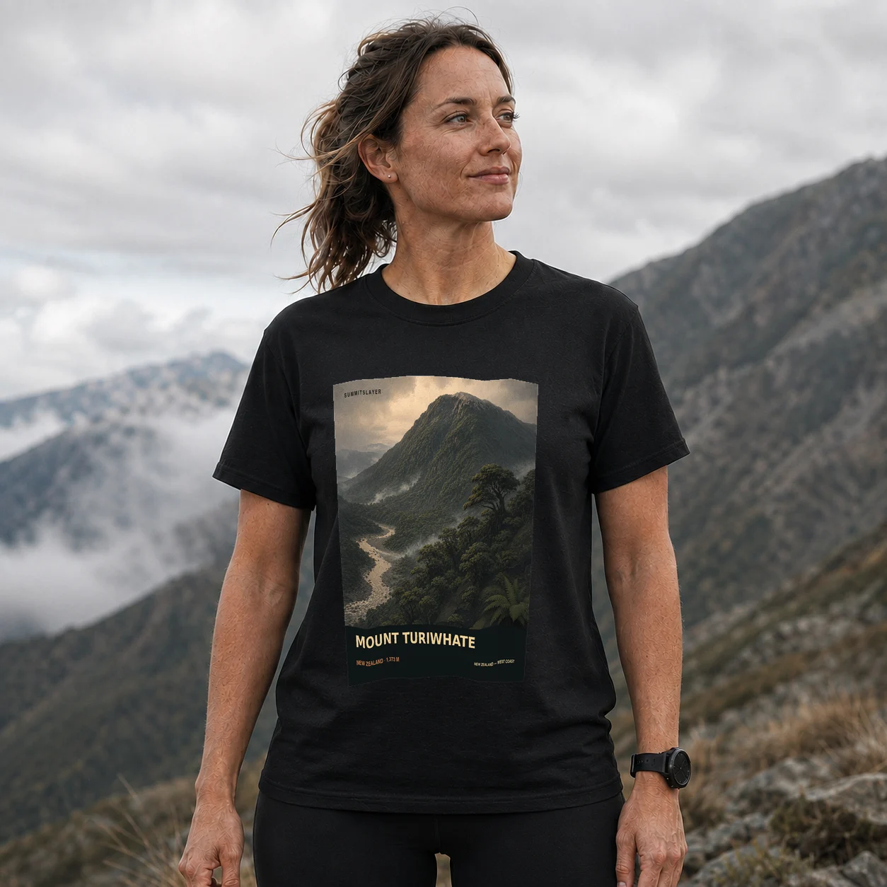 Black MOUNT TURIWHATE T-shirt front with mountain artwork