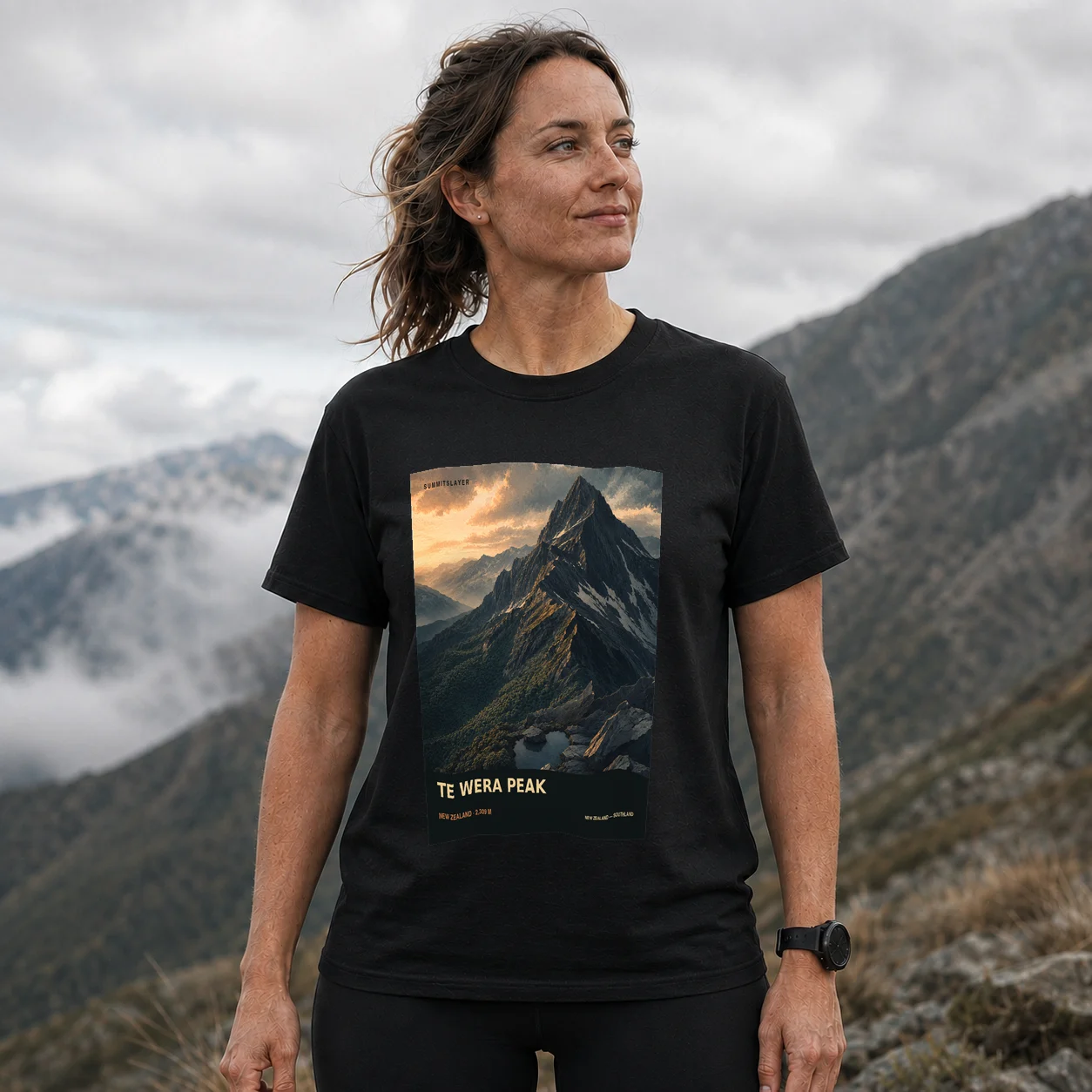 Black TE WERA PEAK T-shirt front with mountain artwork