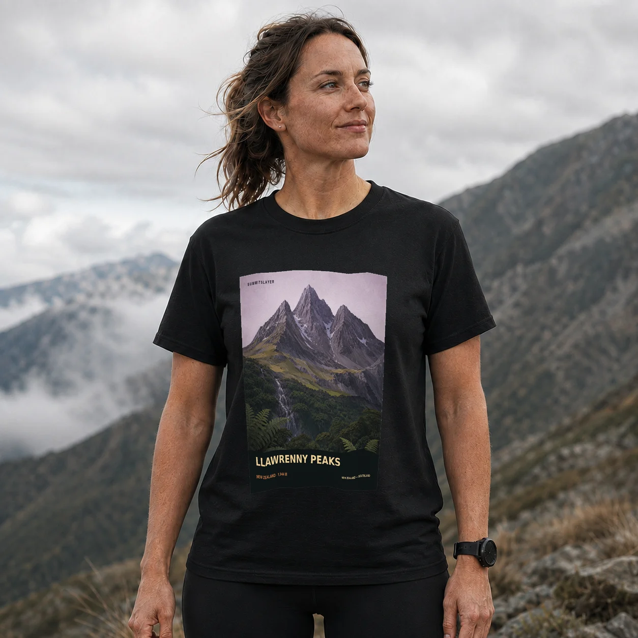 Black Llawrenny Peaks T-shirt front with mountain artwork