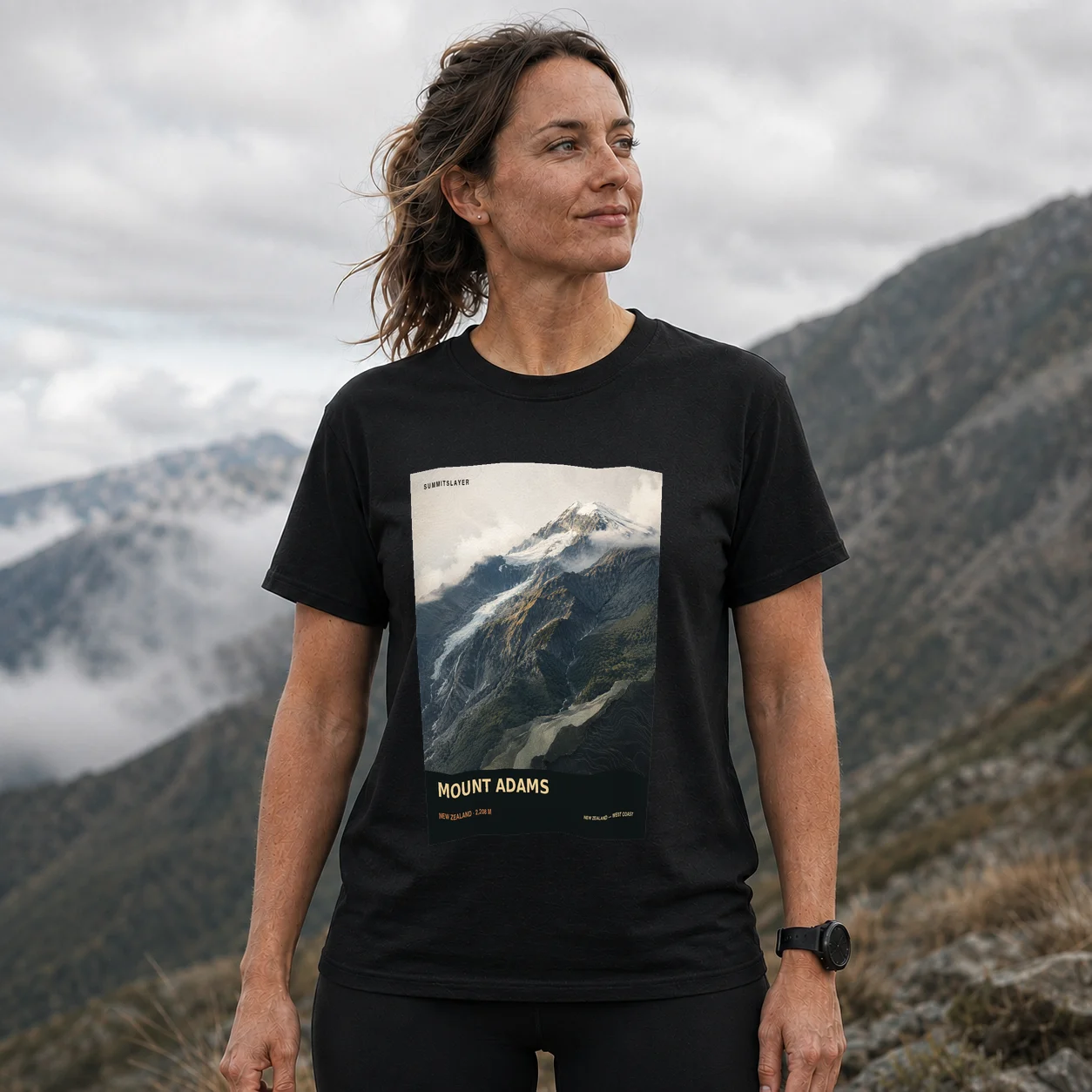 Black MOUNT ADAMS T-shirt front with mountain artwork