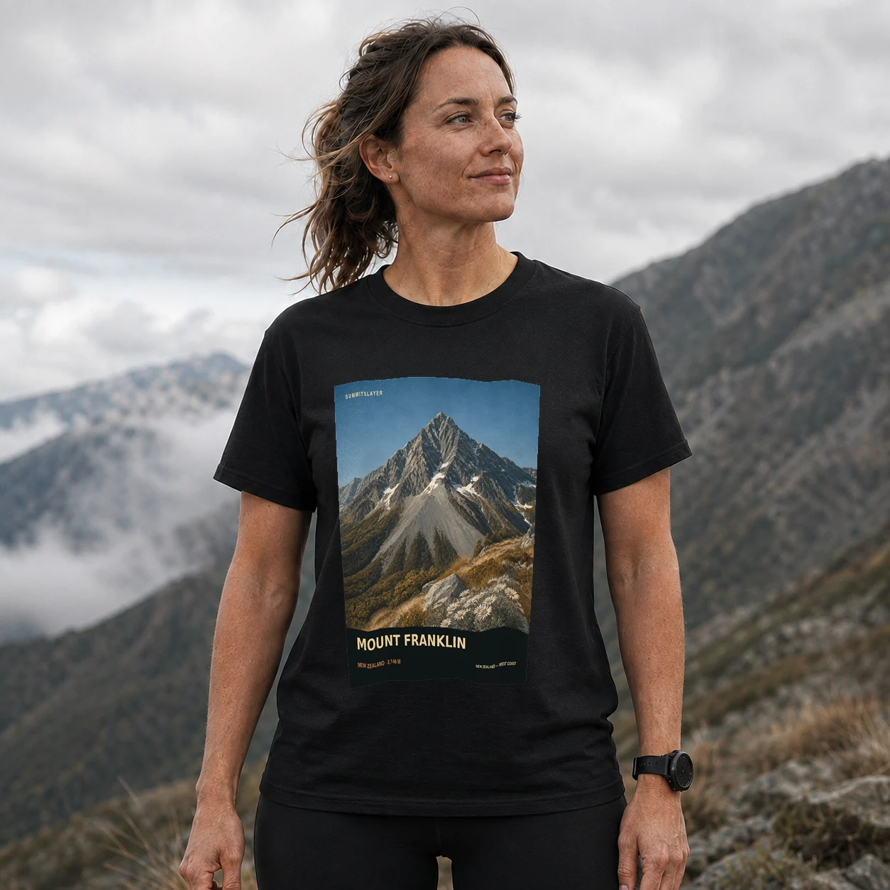 Black Mount Franklin T-shirt front with mountain artwork