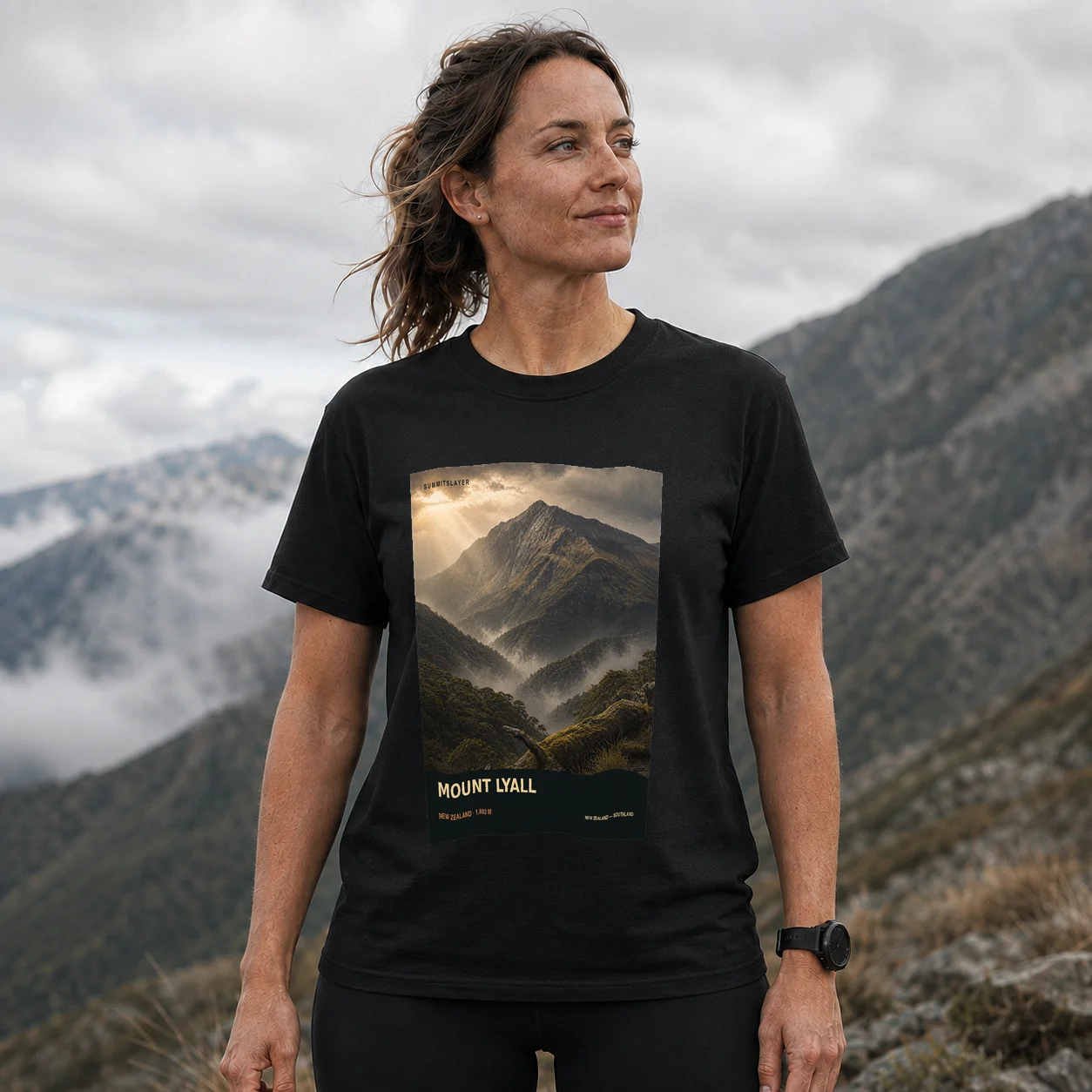Black MOUNT LYALL T-shirt front with mountain artwork