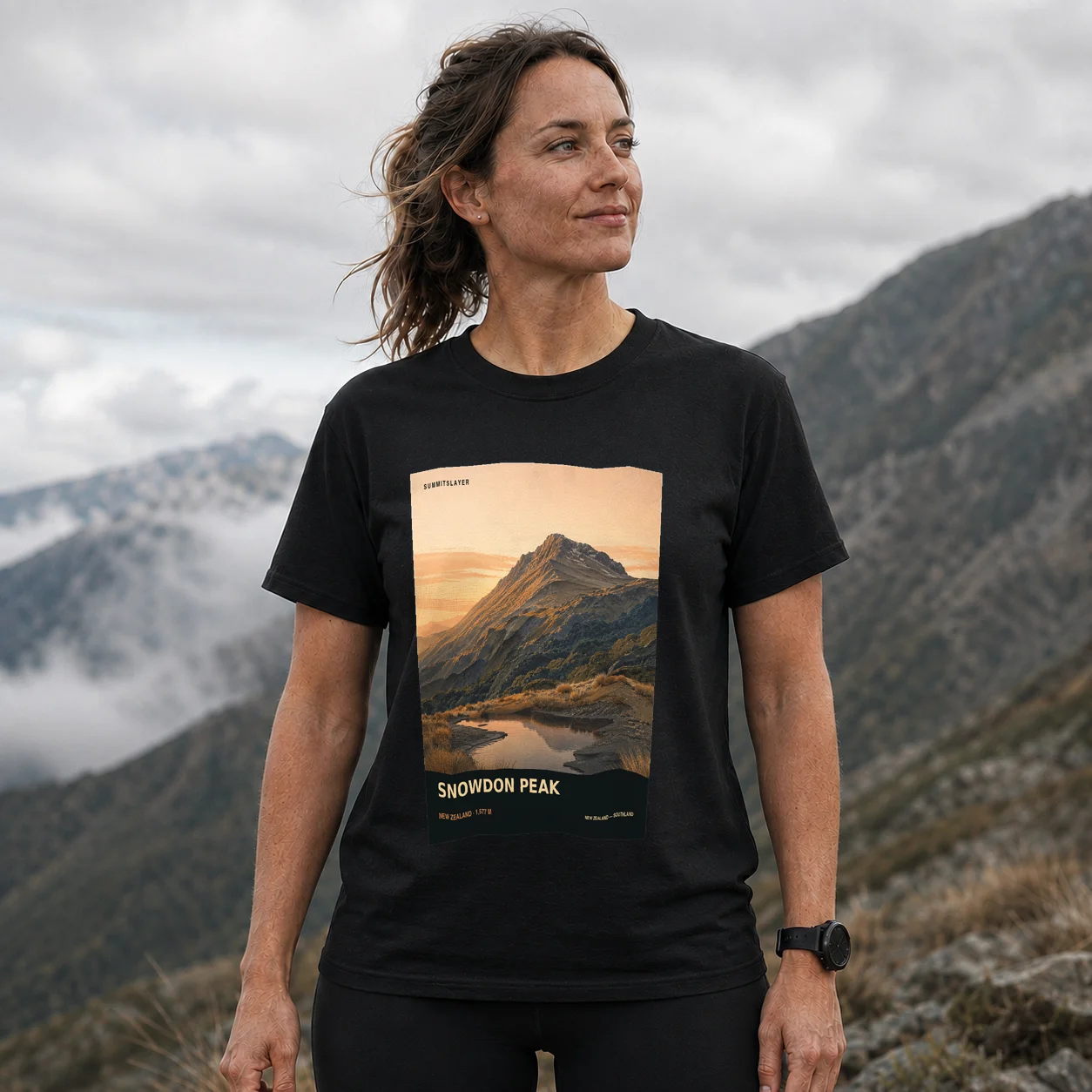 Black Snowdon T-shirt front with mountain artwork
