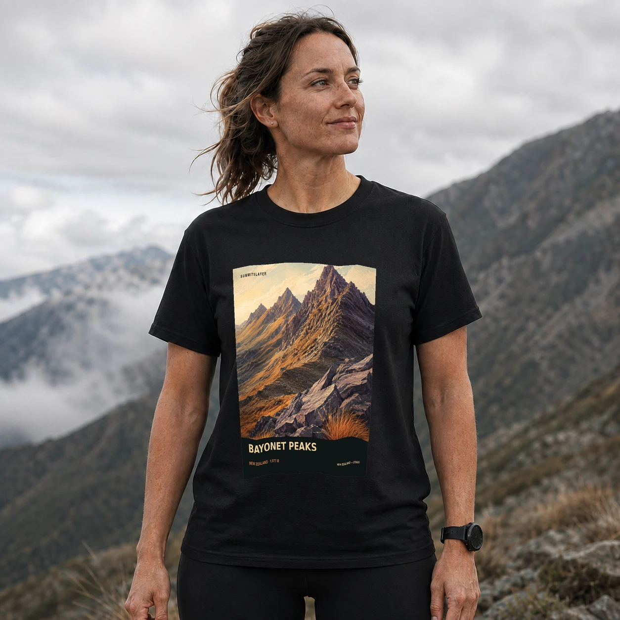 Black BAYONET PEAKS T-shirt front with mountain artwork