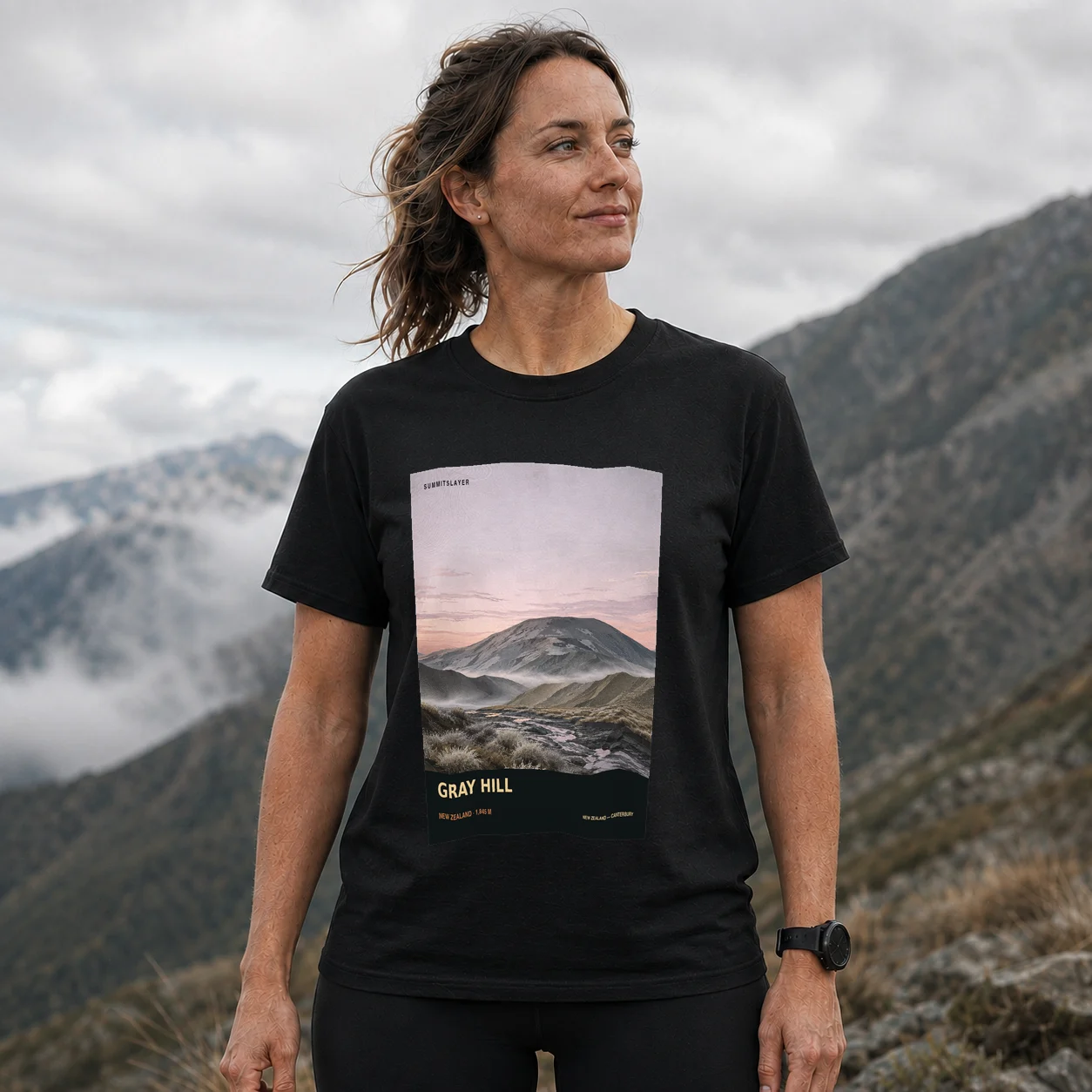 Black GRAY HILL T-shirt front with mountain artwork