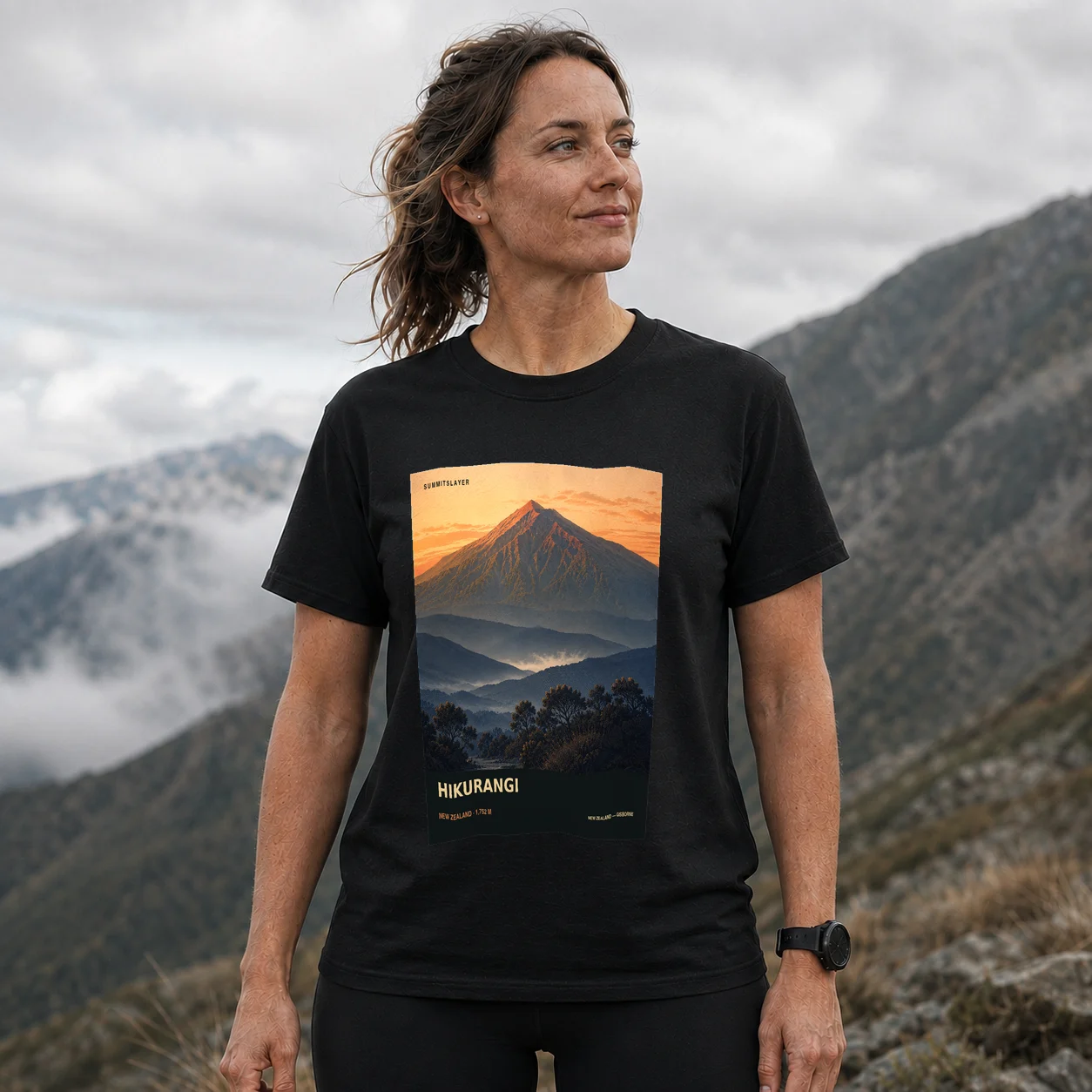 Black HIKURANGI T-shirt front with mountain artwork