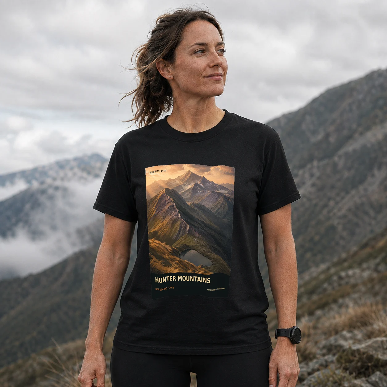 Black HUNTER MOUNTAINS T-shirt front with mountain artwork
