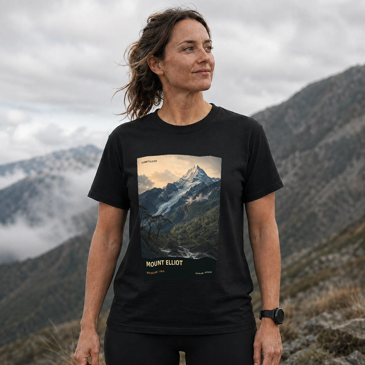 Black Mount Elliot T-shirt front with mountain artwork