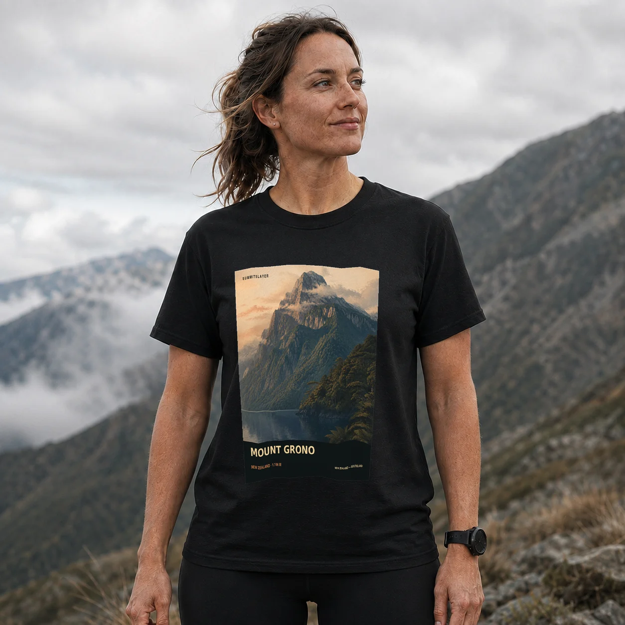 Black MOUNT GRONO T-shirt front with mountain artwork