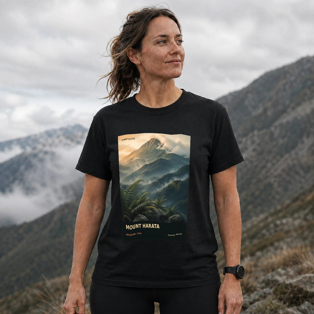 Black MOUNT HARATA T-shirt front with mountain artwork