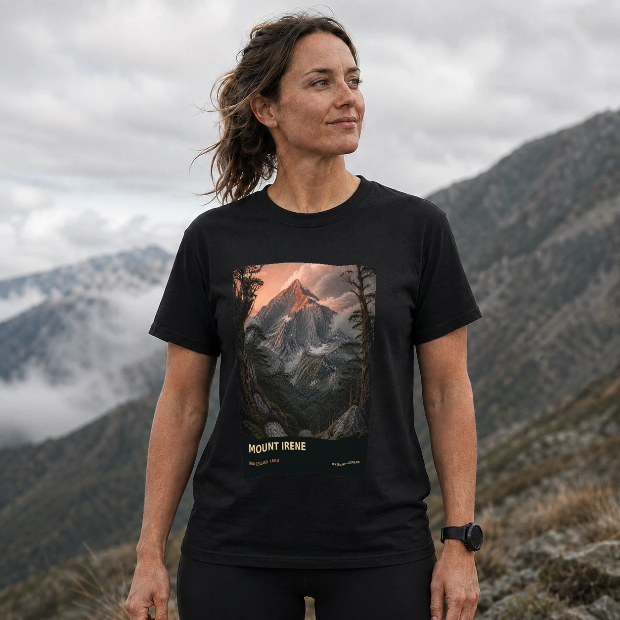 Black MOUNT IRENE T-shirt front with mountain artwork