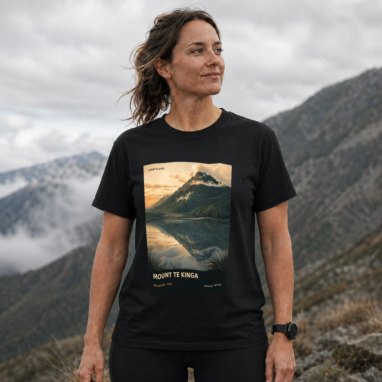 Black MOUNT TE KINGA T-shirt front with mountain artwork