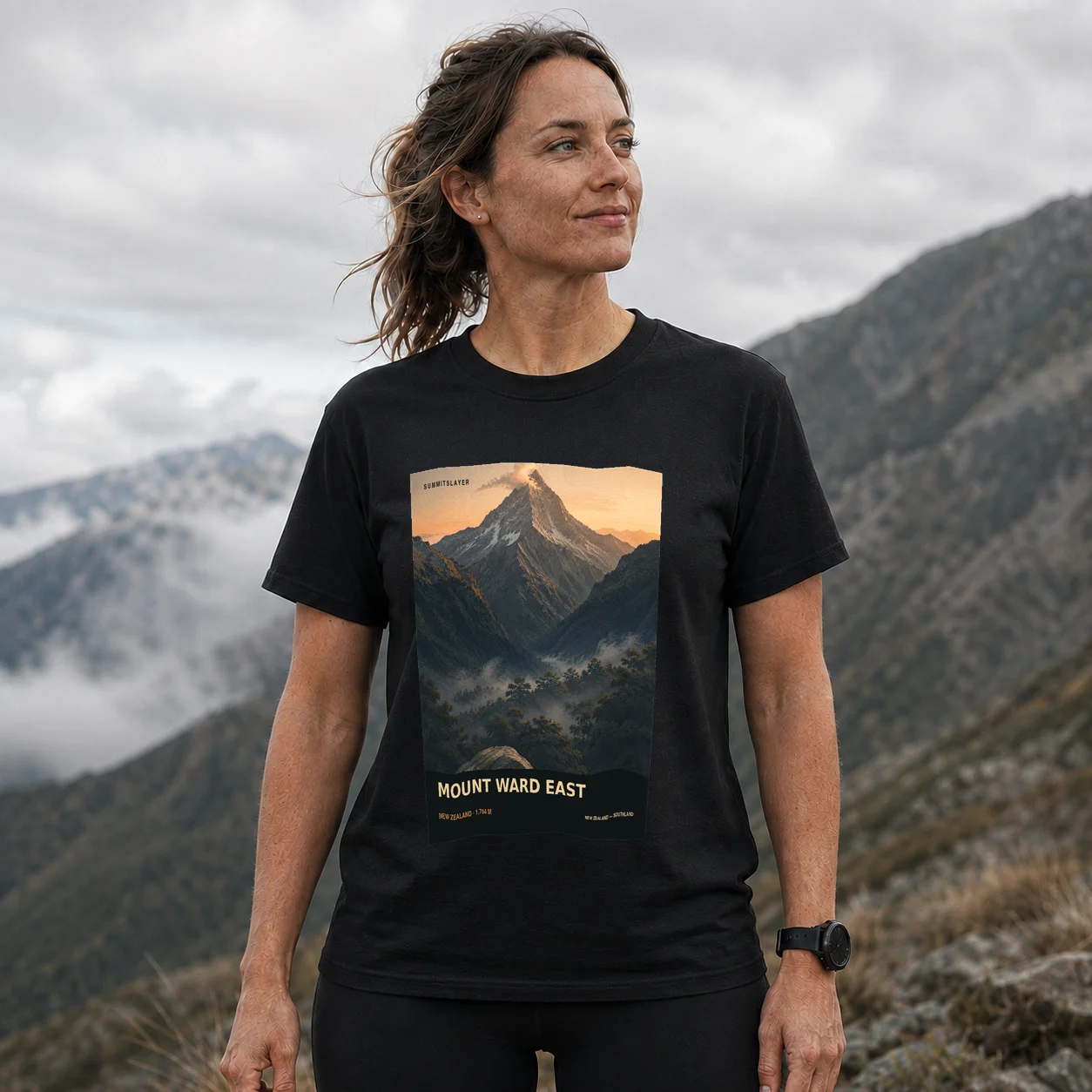 Black MOUNT WARD EAST T-shirt front with mountain artwork
