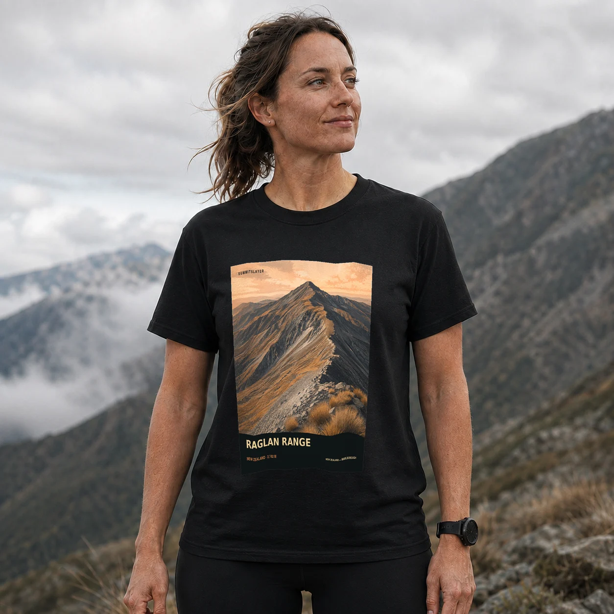 Black RAGLAN RANGE T-shirt front with mountain artwork