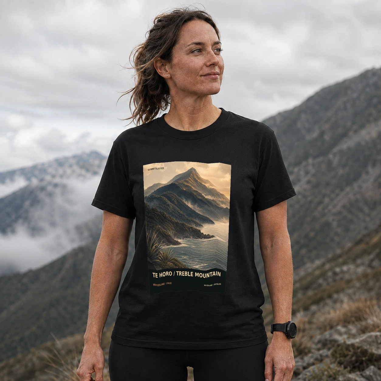 Black TE HORO / TREBLE MOUNTAIN T-shirt front with mountain artwork