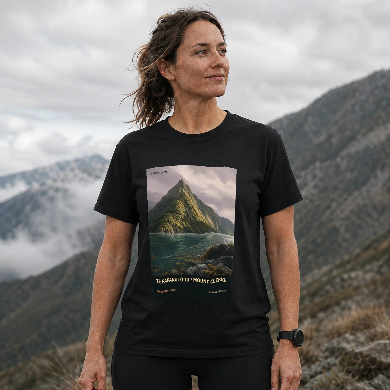 Black TE PAPANUI-O-TŪ / MOUNT CLERKE T-shirt front with mountain artwork