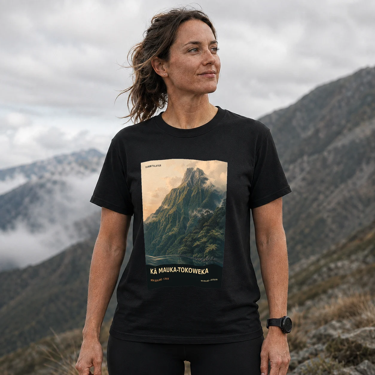 Black KĀ MAUKA-TOKOWEKA T-shirt front with mountain artwork