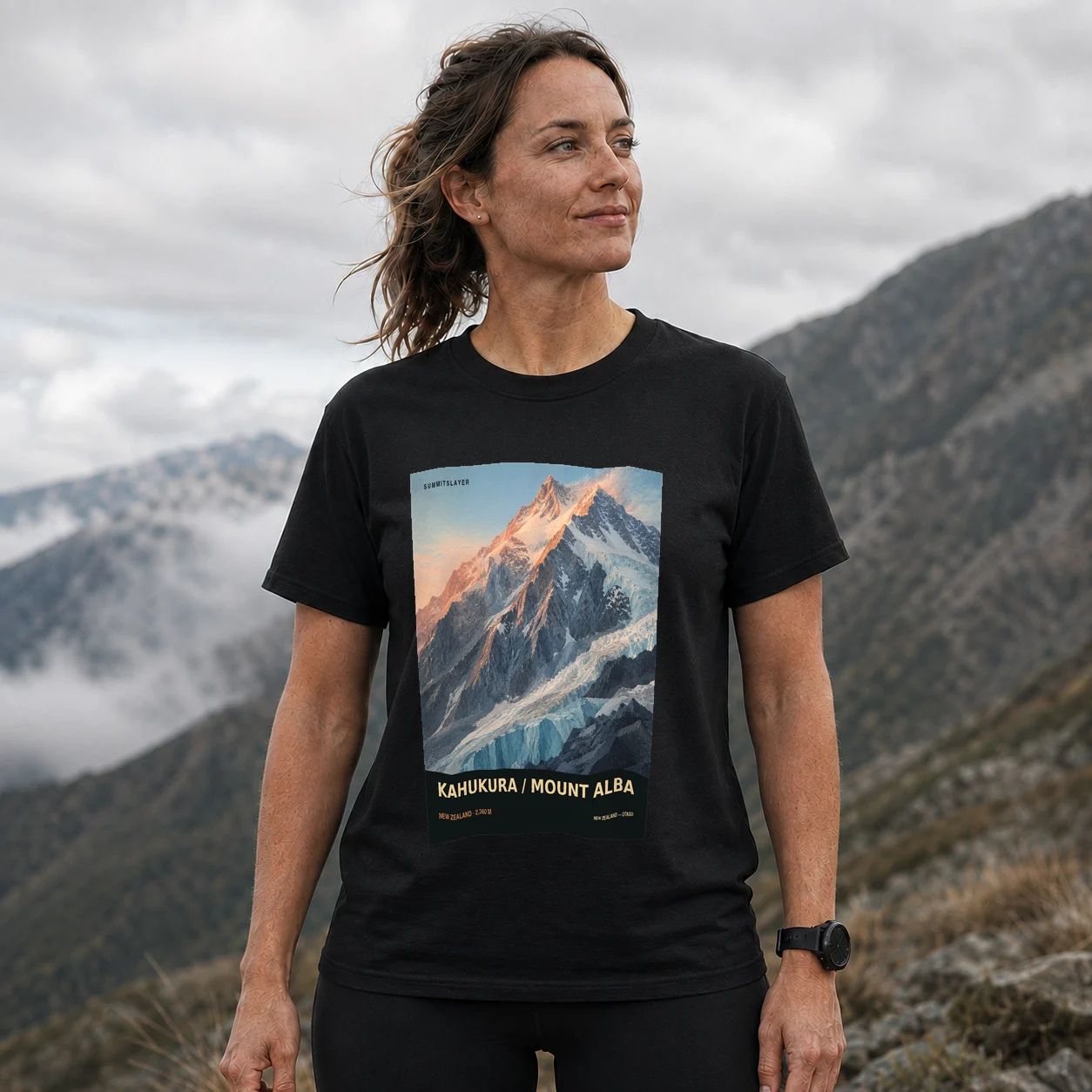 Black KAHUKURA / MOUNT ALBA T-shirt front with mountain artwork