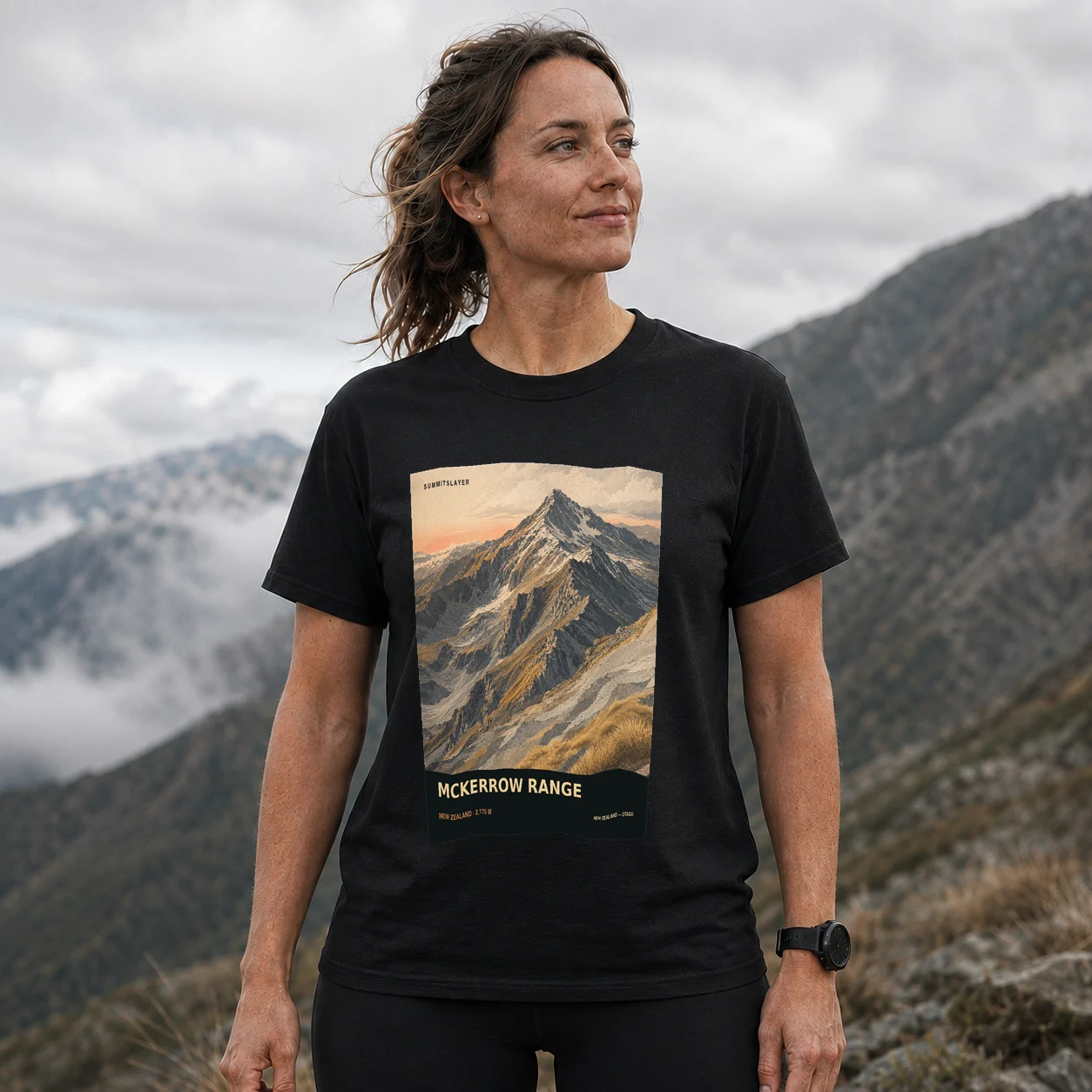 Black MCKERROW RANGE T-shirt front with mountain artwork