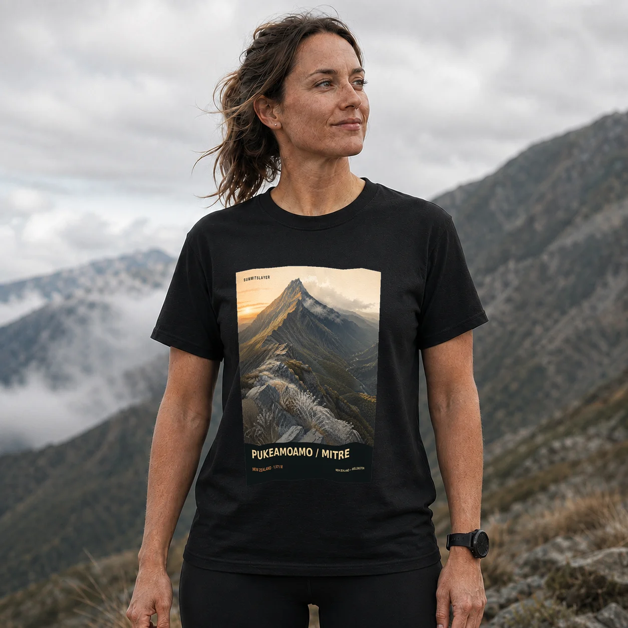 Black Mitre T-shirt front with mountain artwork