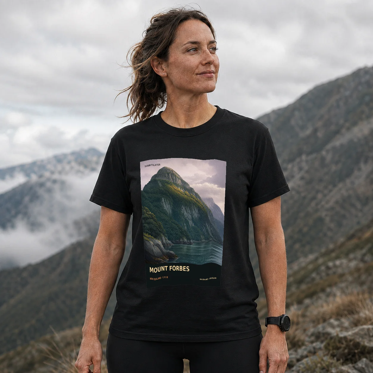 Black MOUNT FORBES T-shirt front with mountain artwork