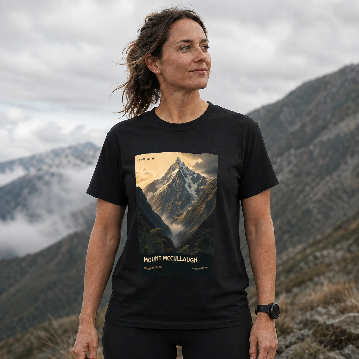 Black Mount McCullaugh T-shirt front with mountain artwork