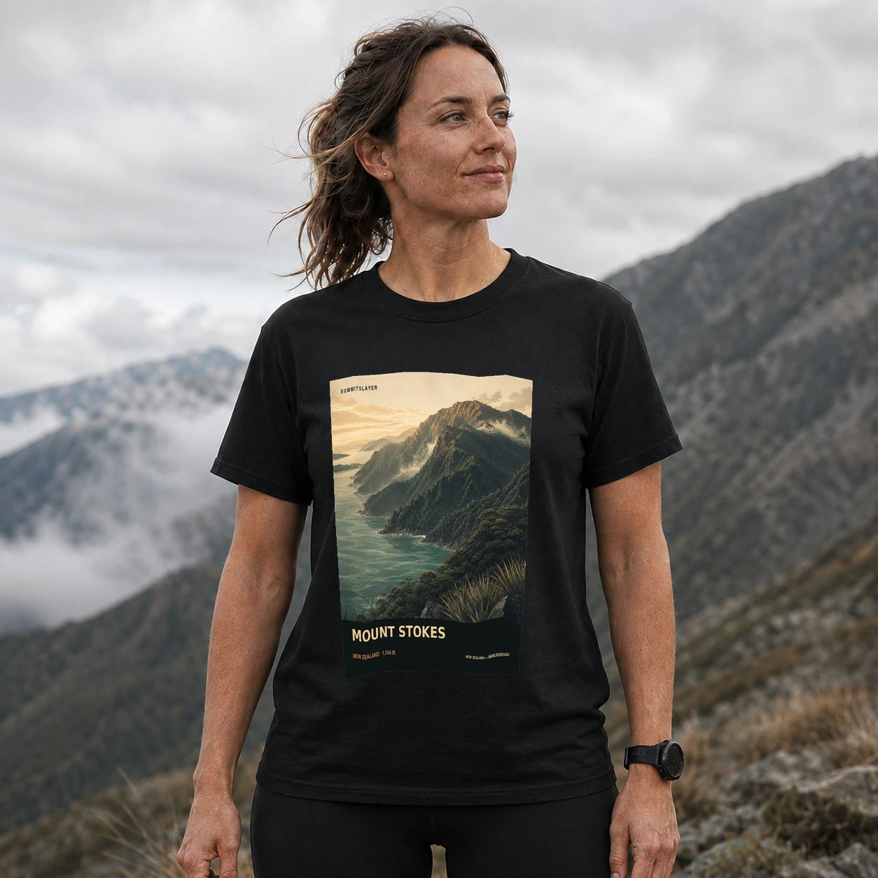 Black MOUNT STOKES T-shirt front with mountain artwork