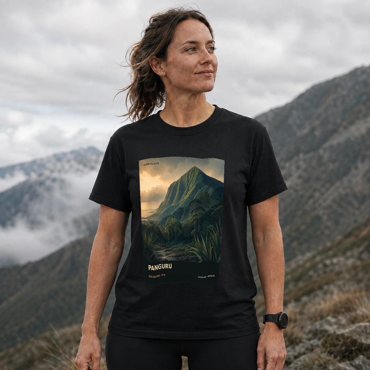 Black PANGURU T-shirt front with mountain artwork
