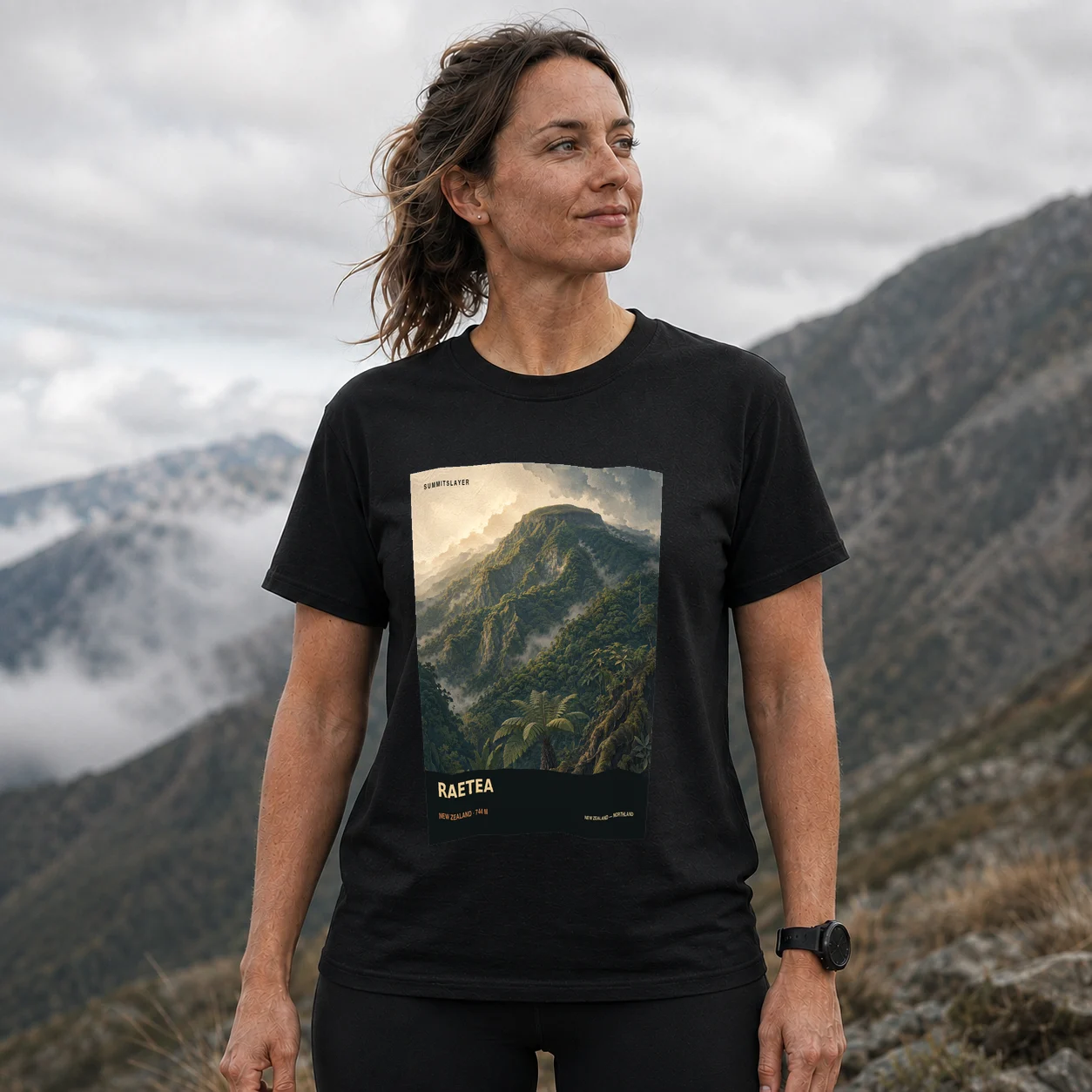 Black RAETEA T-shirt front with mountain artwork
