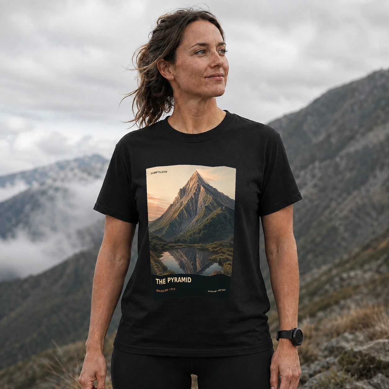 Black THE PYRAMID T-shirt front with mountain artwork
