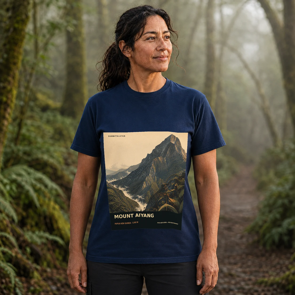Navy Mount Aiyang T-shirt front with mountain artwork
