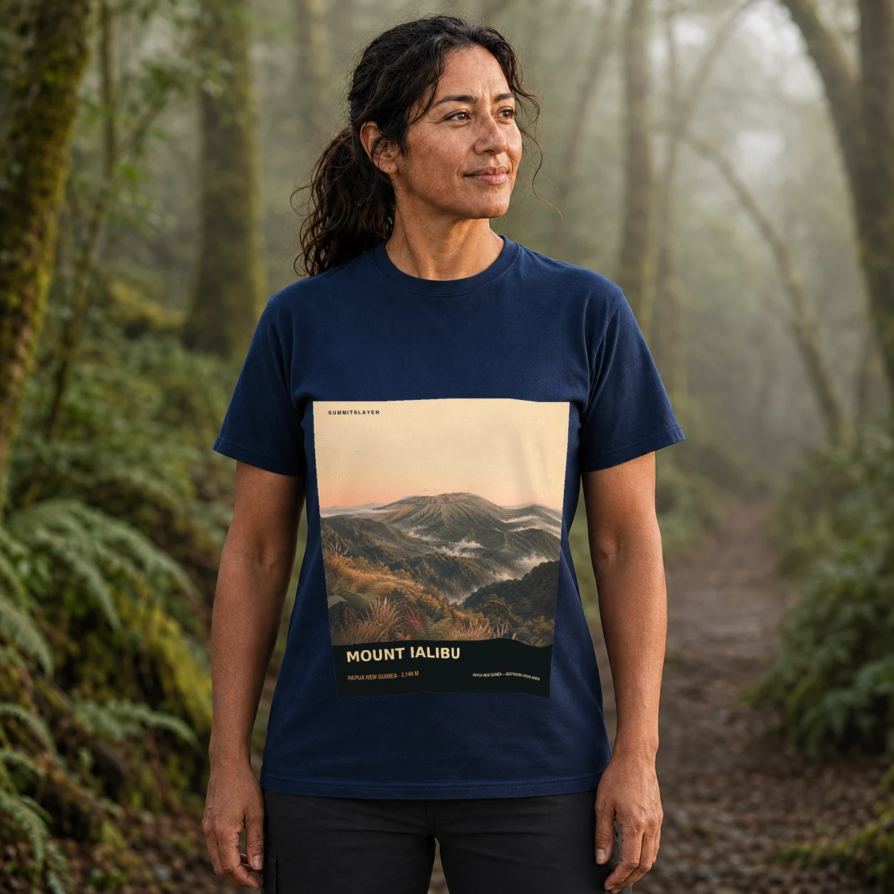 Navy Mount Ialibu T-shirt front with mountain artwork