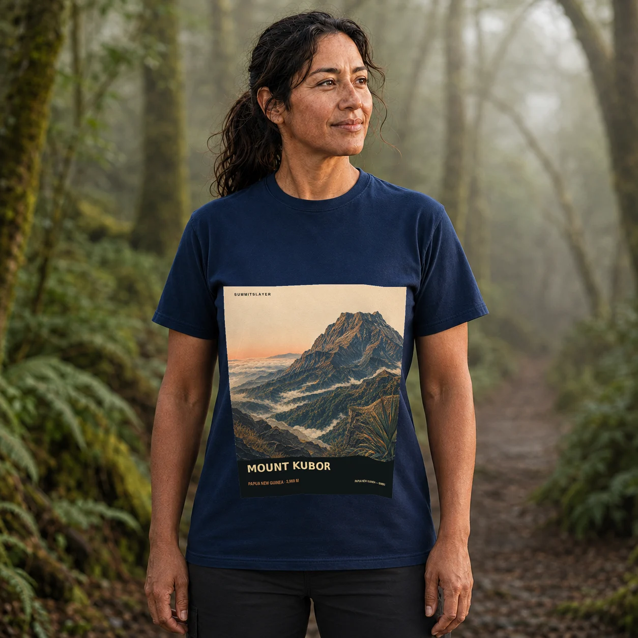 Navy Mount Kubor T-shirt front with mountain artwork