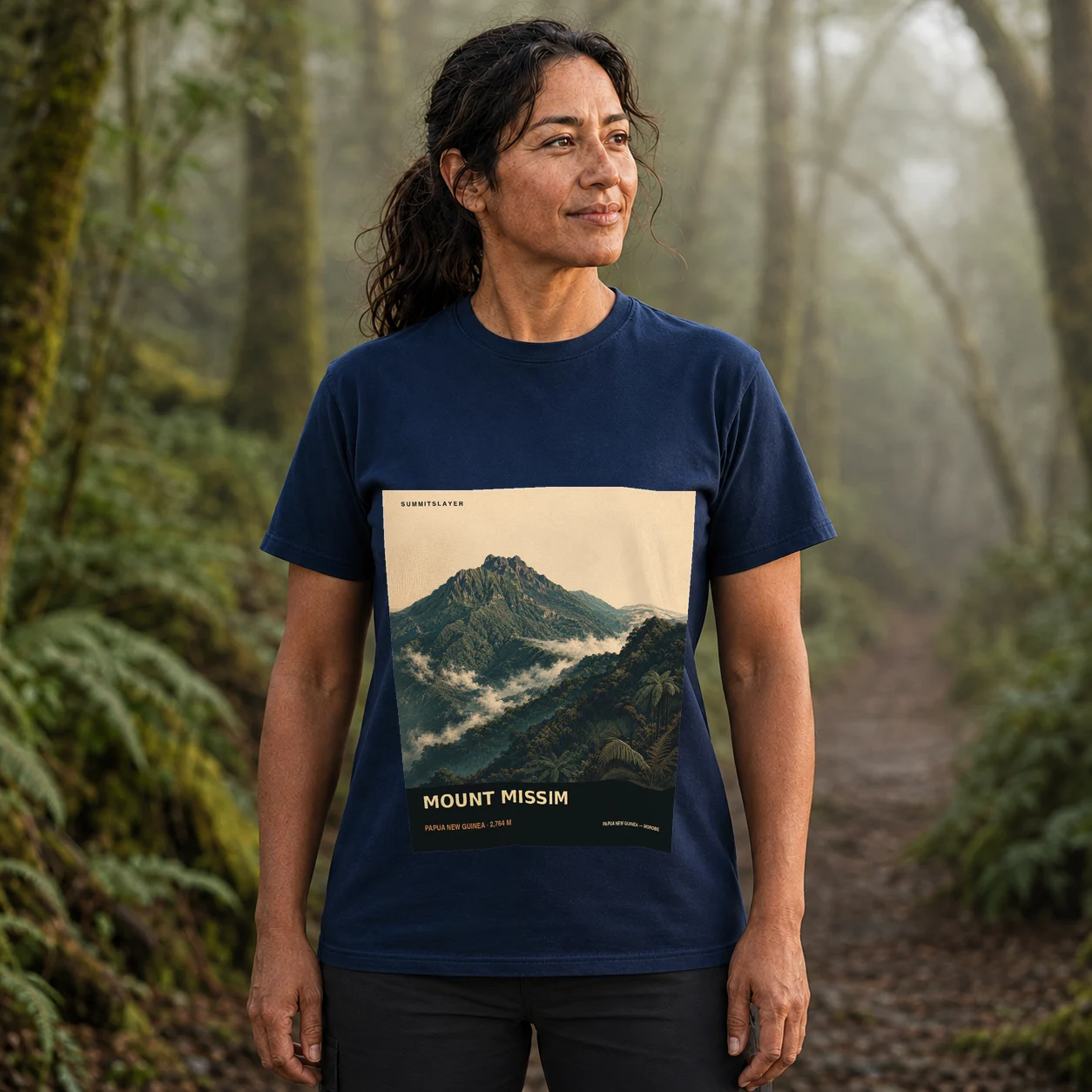 Navy Mount Missim T-shirt front with mountain artwork
