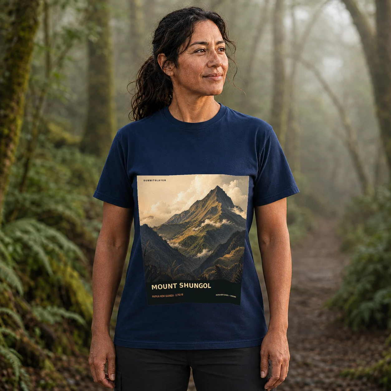 Navy Mount Shungol T-shirt front with mountain artwork