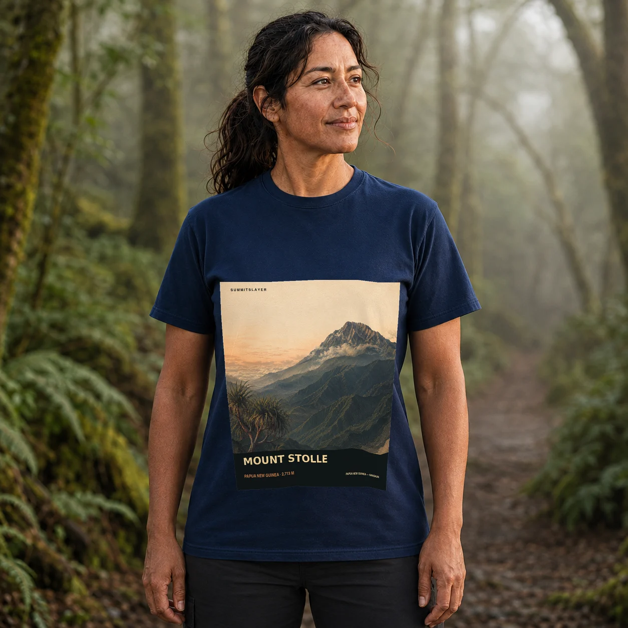 Navy Mount Stolle T-shirt front with mountain artwork