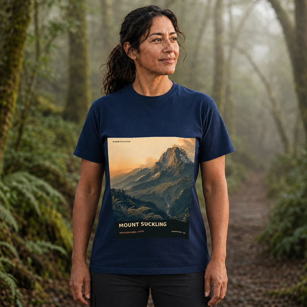 Navy Mount Suckling T-shirt front with mountain artwork