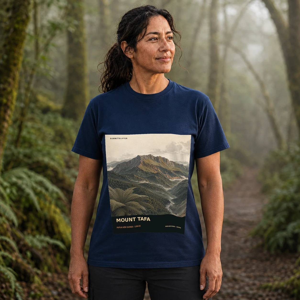 Navy Mount Tafa T-shirt front with mountain artwork