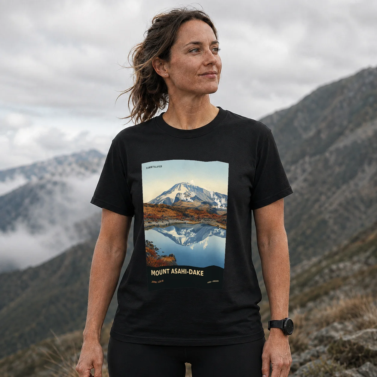 Black Asahi-dake T-shirt front with mountain artwork