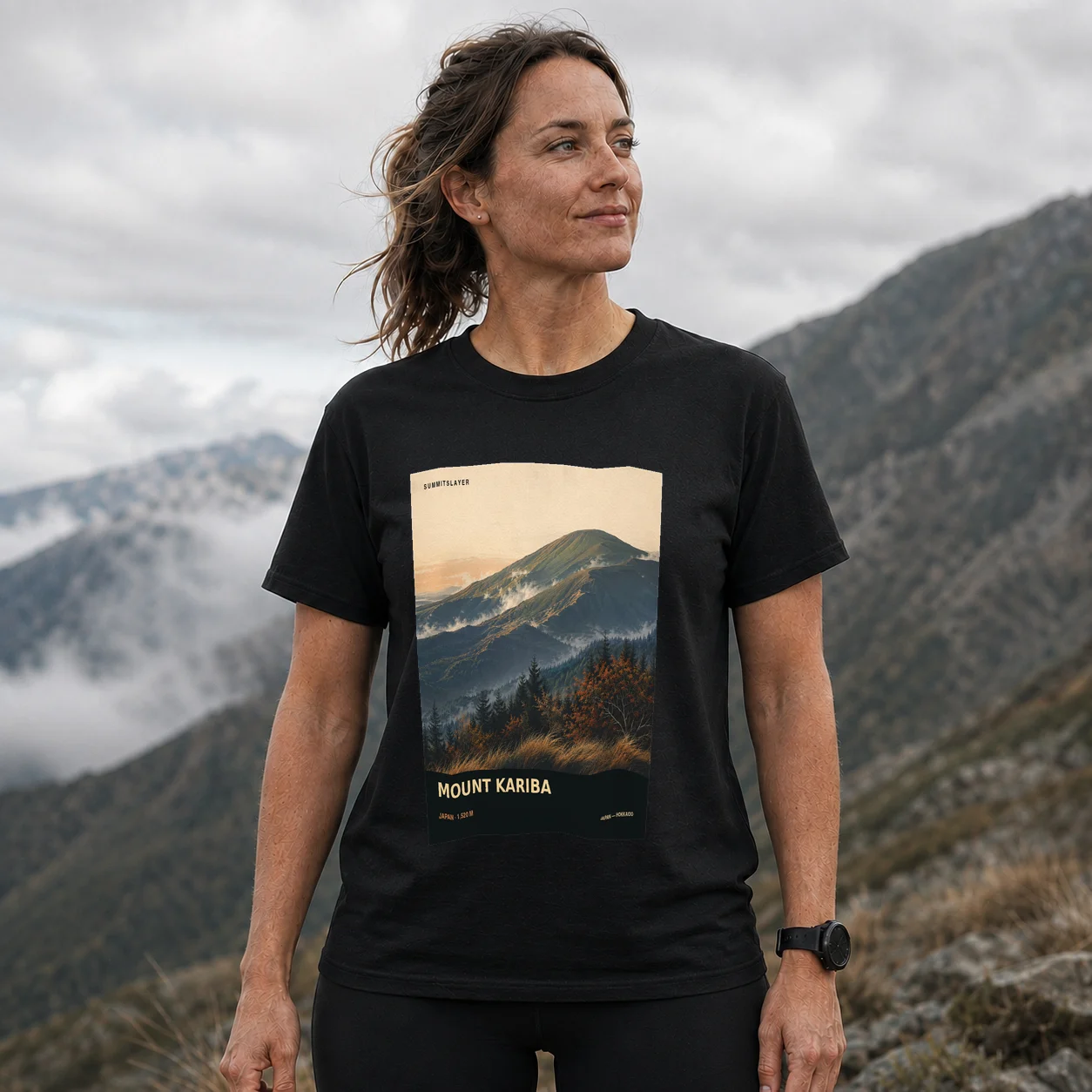 Black Kariba-yama T-shirt front with mountain artwork