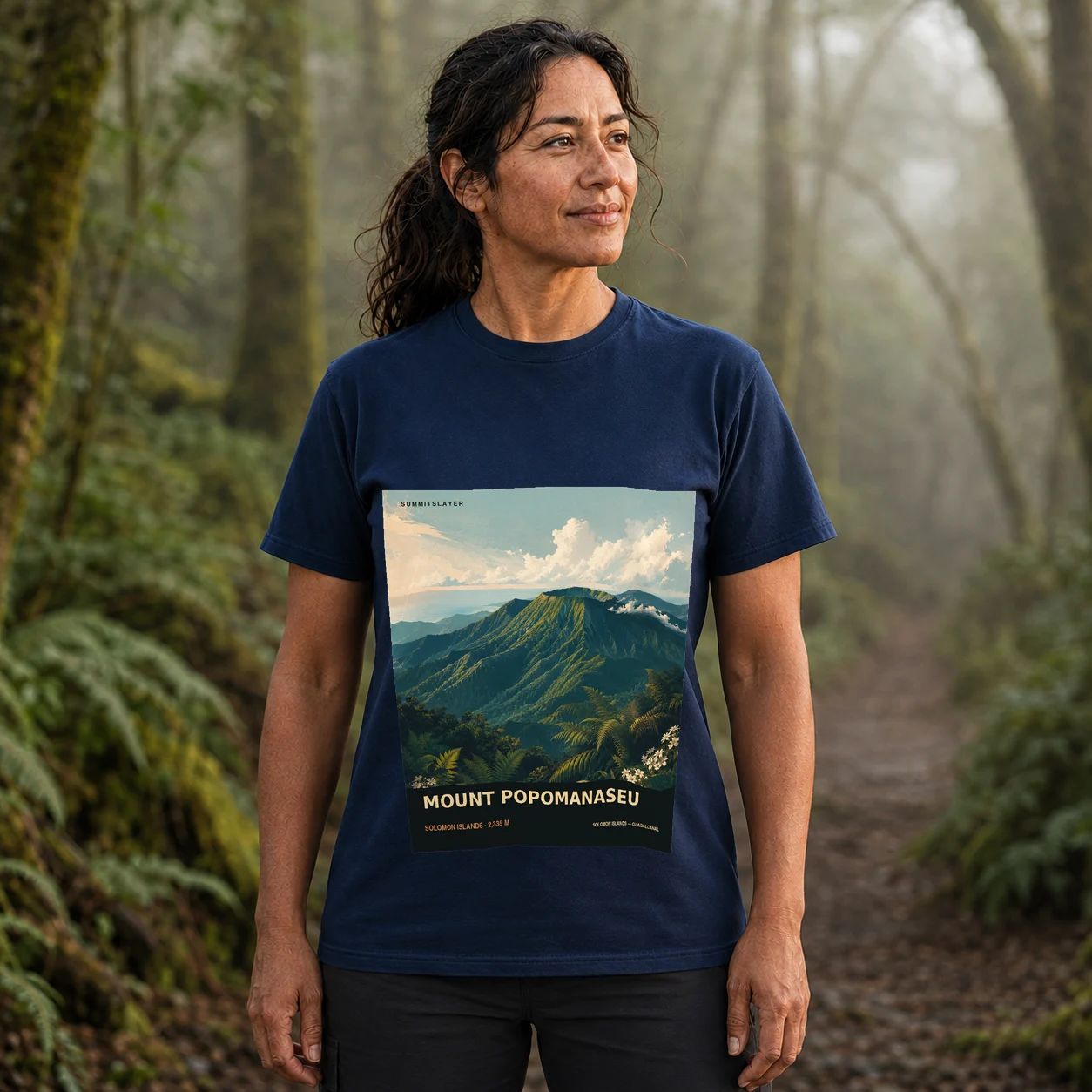 Navy Mount Popomanaseu T-shirt front with mountain artwork