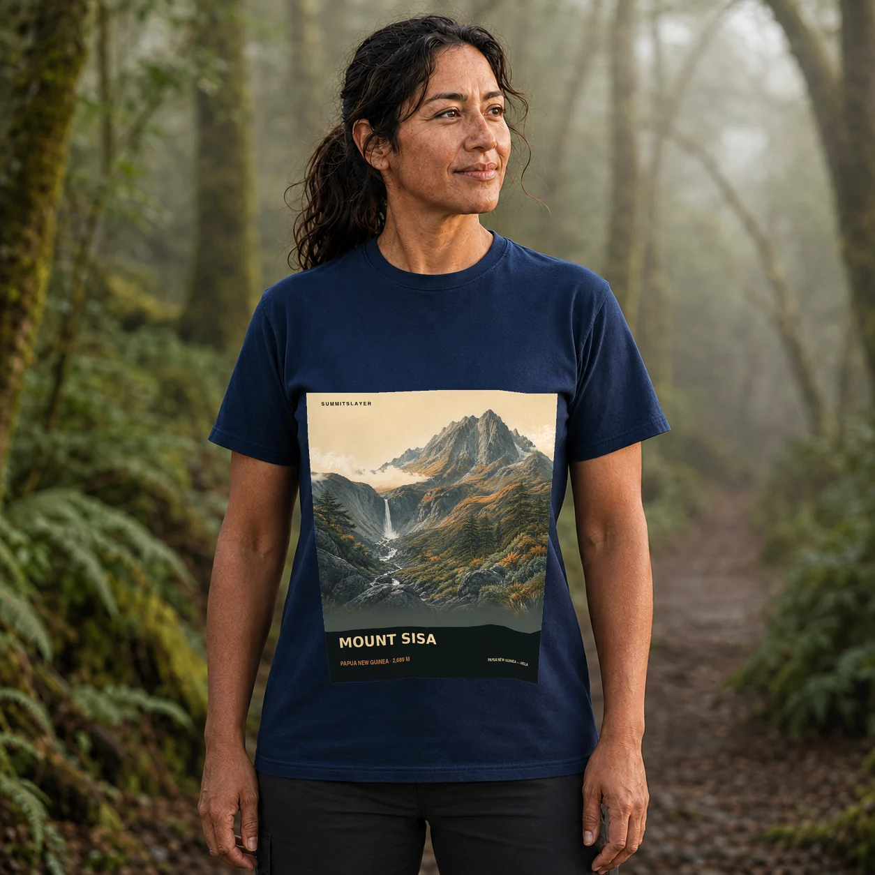 Navy Mount Sisa T-shirt front with mountain artwork