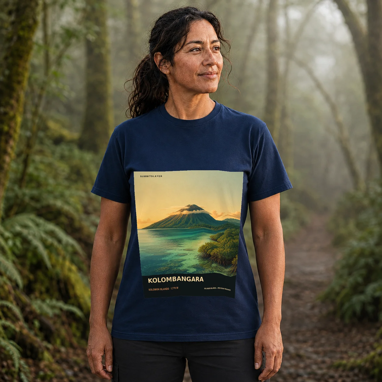 Navy Mount Veve T-shirt front with mountain artwork