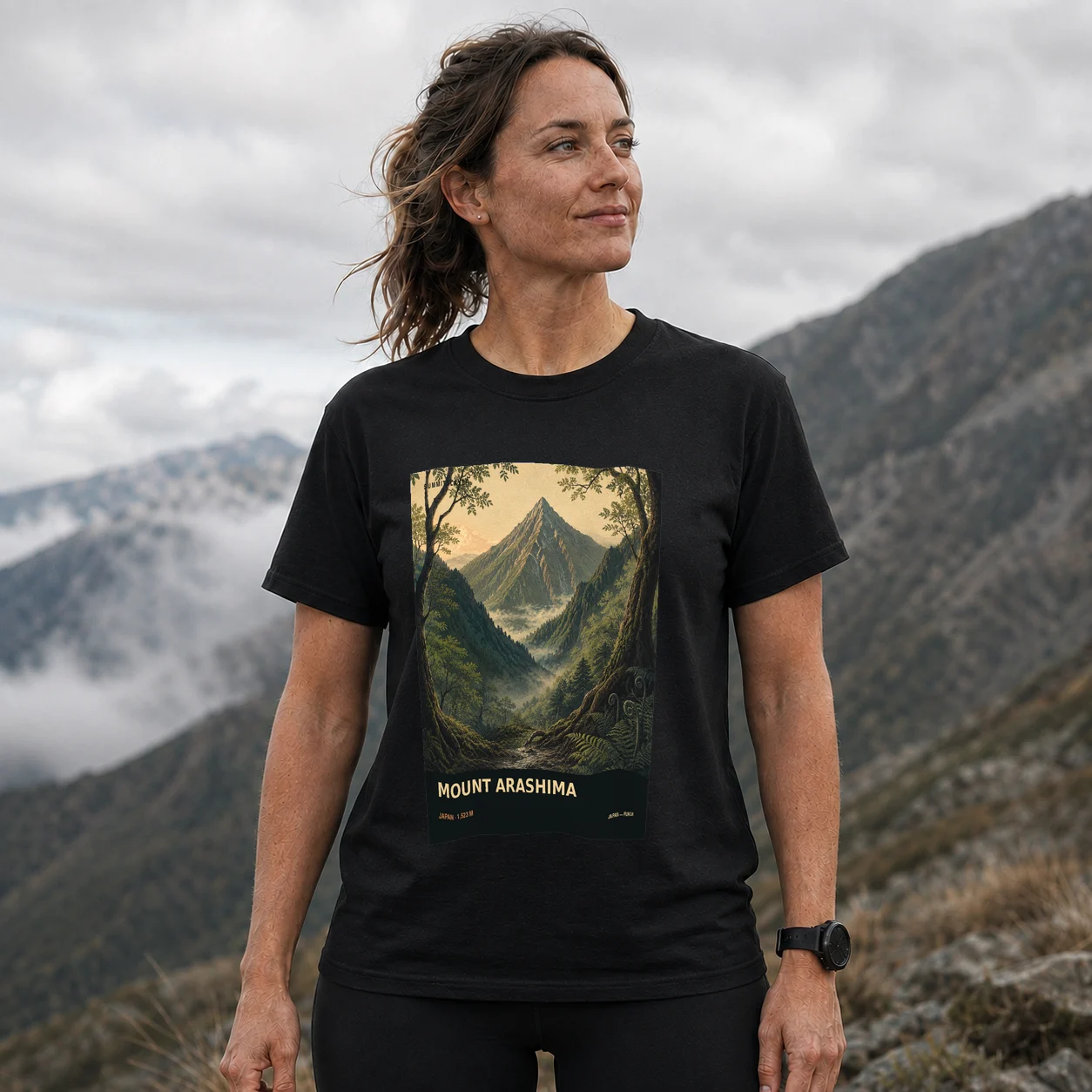 Black Arashima-dake T-shirt front with mountain artwork