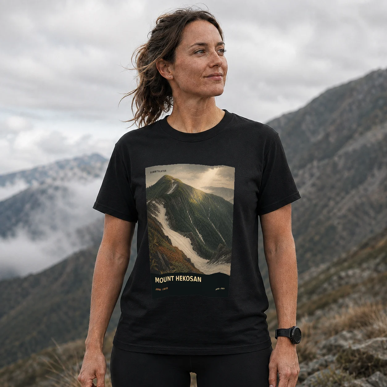 Black Heko-san T-shirt front with mountain artwork